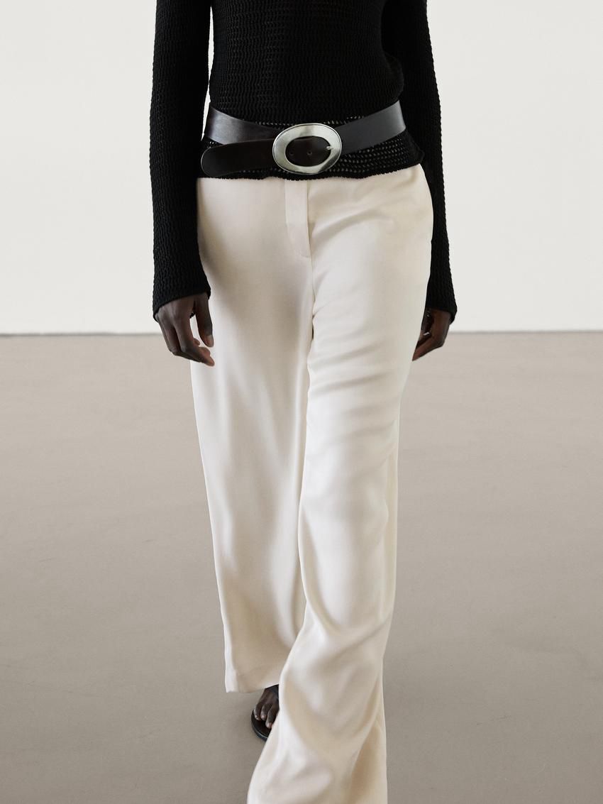 Massimo Dutti Wide Leg Satin Women Trousers Beige | US-PG6591487