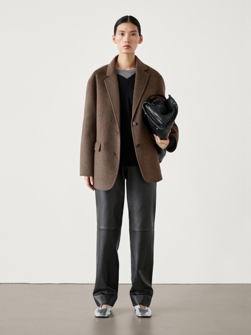 Massimo Dutti Wide Wool Blend Women Blazer Dark Brown | US-PD8510476
