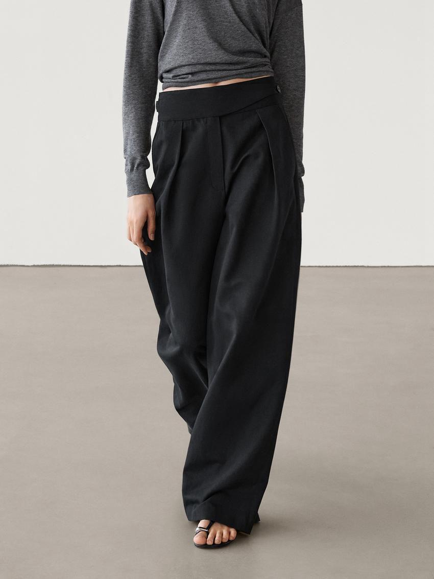 Massimo Dutti Wide-leg Cotton And Linen Blend Women Trousers Black | US-YV3156278