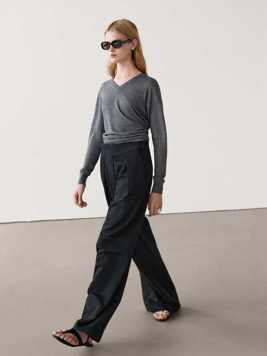 Massimo Dutti Wide-leg Cotton And Linen Blend Women Trousers Black | US-YV3156278