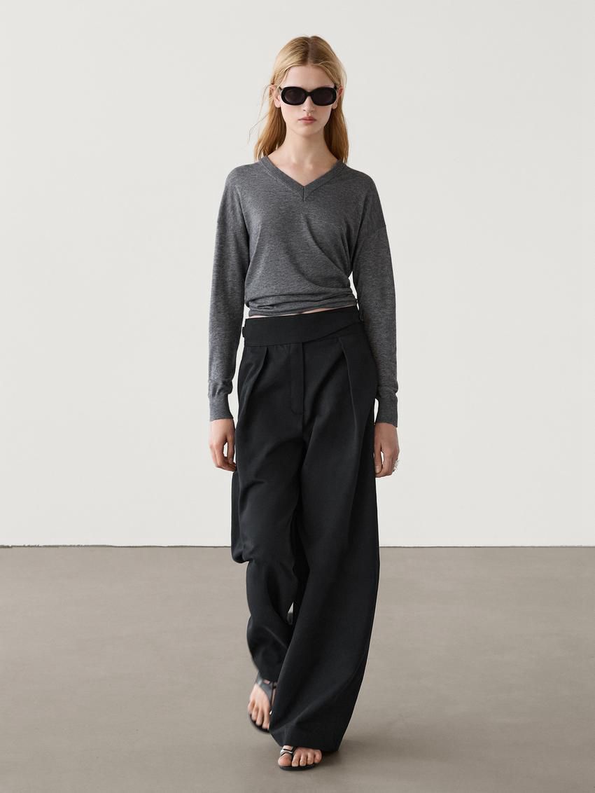 Massimo Dutti Wide-leg Cotton And Linen Blend Women Trousers Black | US-YV3156278