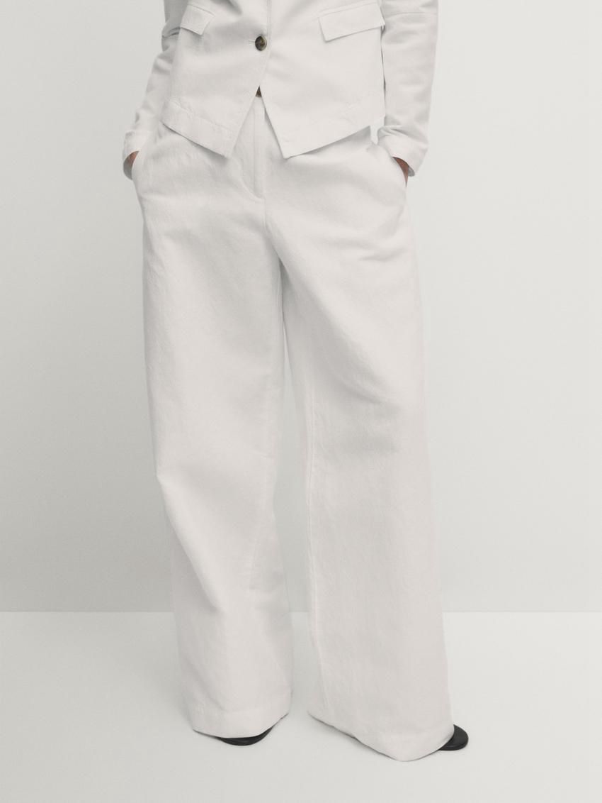 Massimo Dutti Wide-leg Cotton And Linen Blend Women Trousers White | US-GP4310829