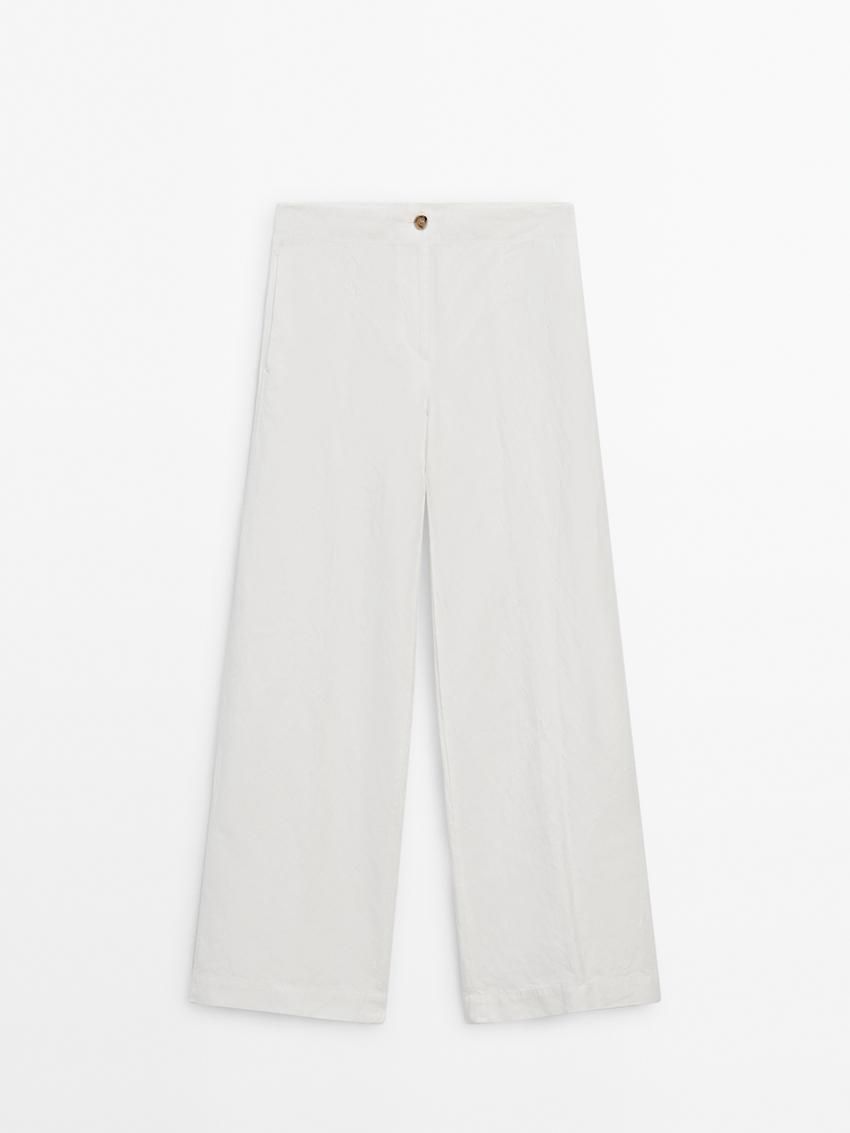 Massimo Dutti Wide-leg Cotton And Linen Blend Women Trousers White | US-GP4310829