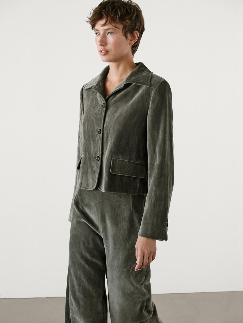 Massimo Dutti Wide-leg Creased Velvet Women Trousers Dark Green | US-DR7148360