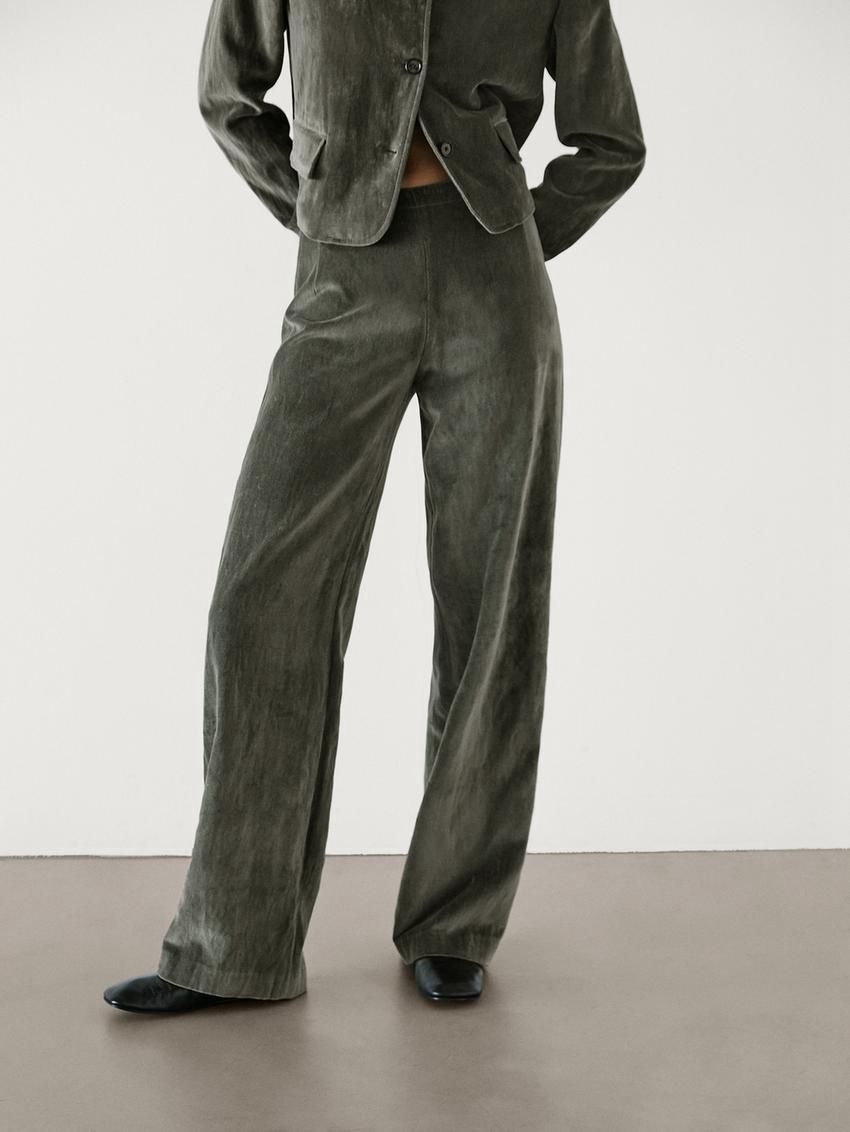 Massimo Dutti Wide-leg Creased Velvet Women Trousers Dark Green | US-DR7148360