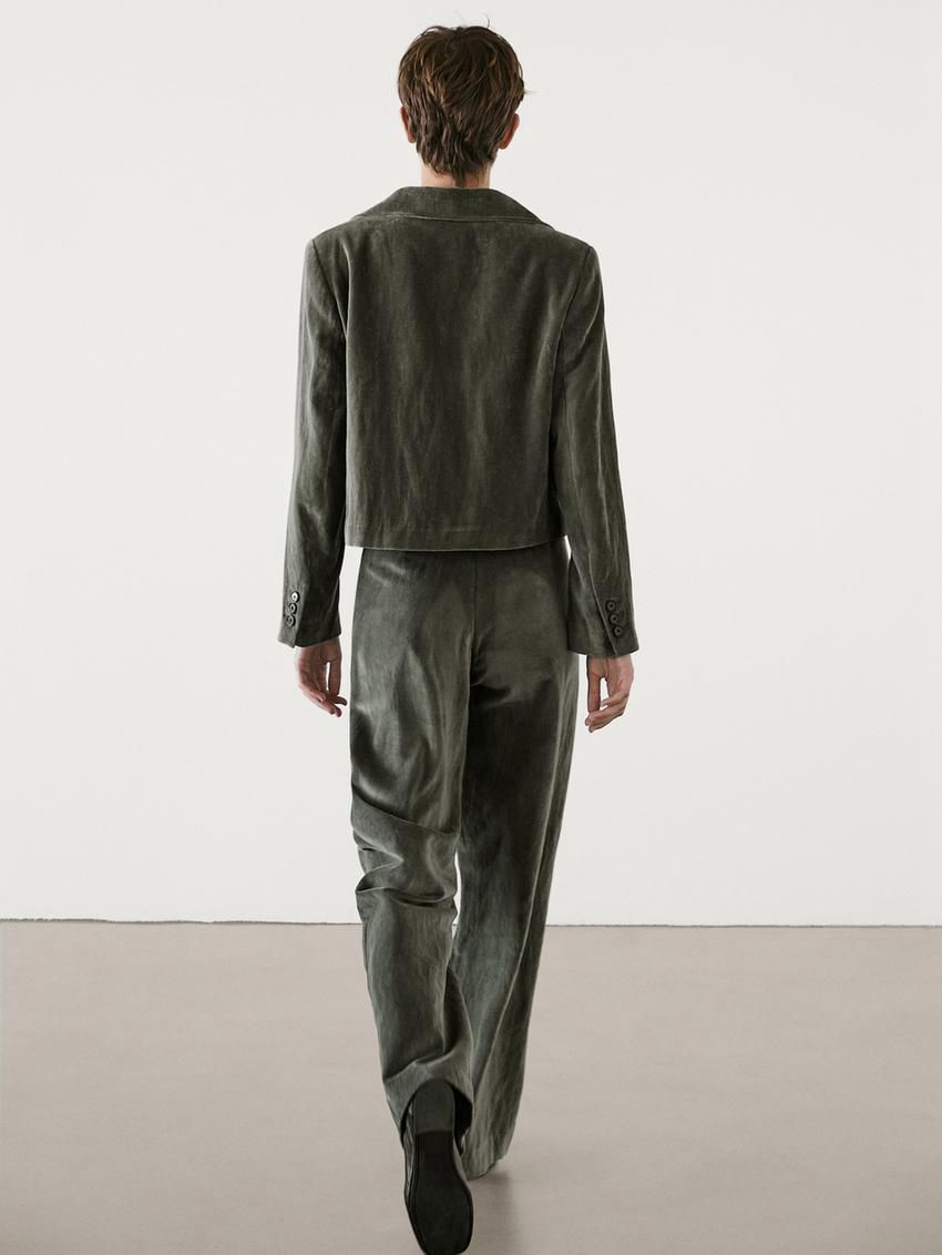 Massimo Dutti Wide-leg Creased Velvet Women Trousers Dark Green | US-DR7148360