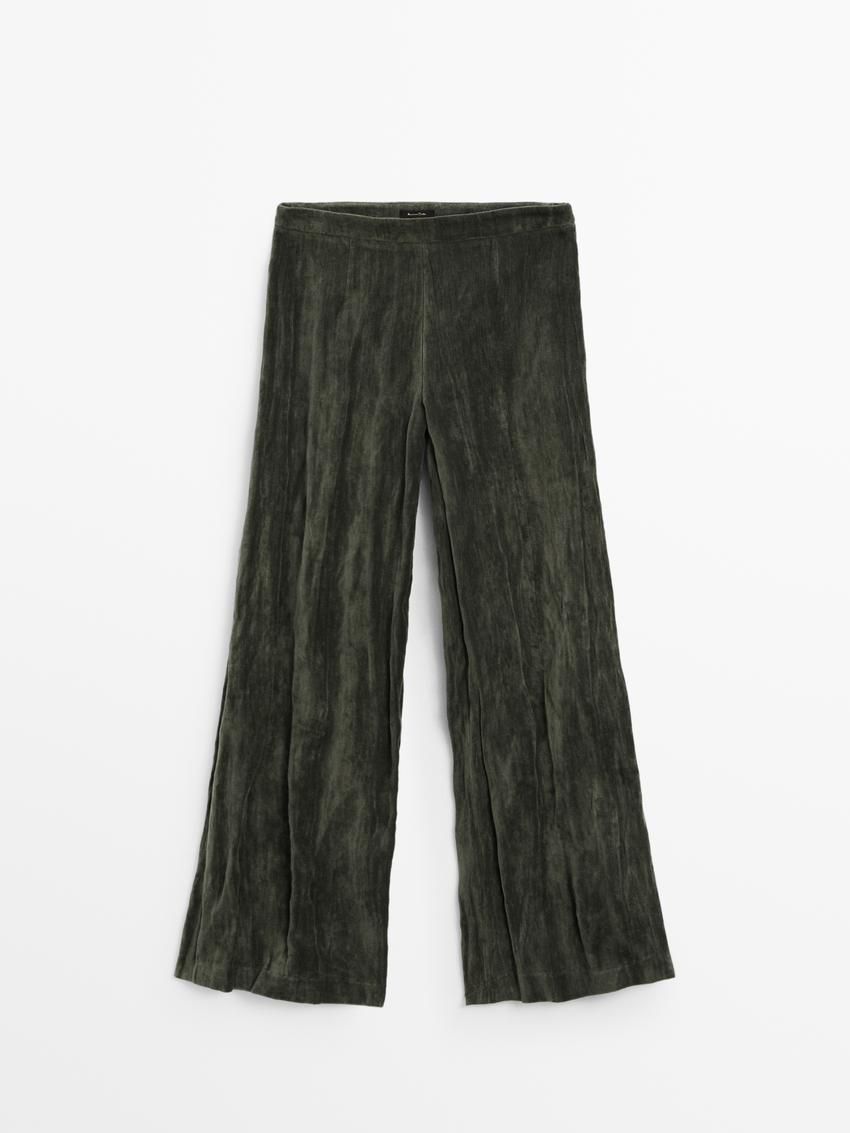Massimo Dutti Wide-leg Creased Velvet Women Trousers Dark Green | US-DR7148360