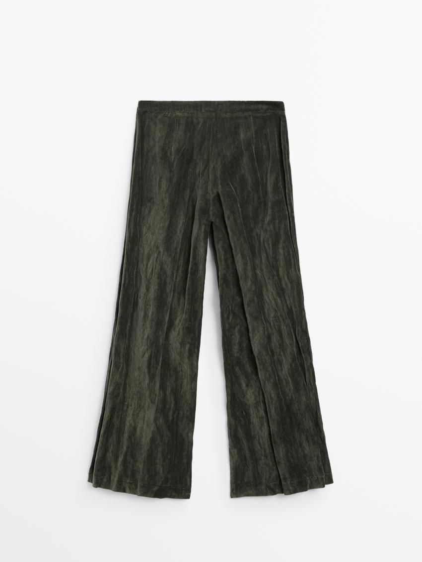 Massimo Dutti Wide-leg Creased Velvet Women Trousers Dark Green | US-DR7148360