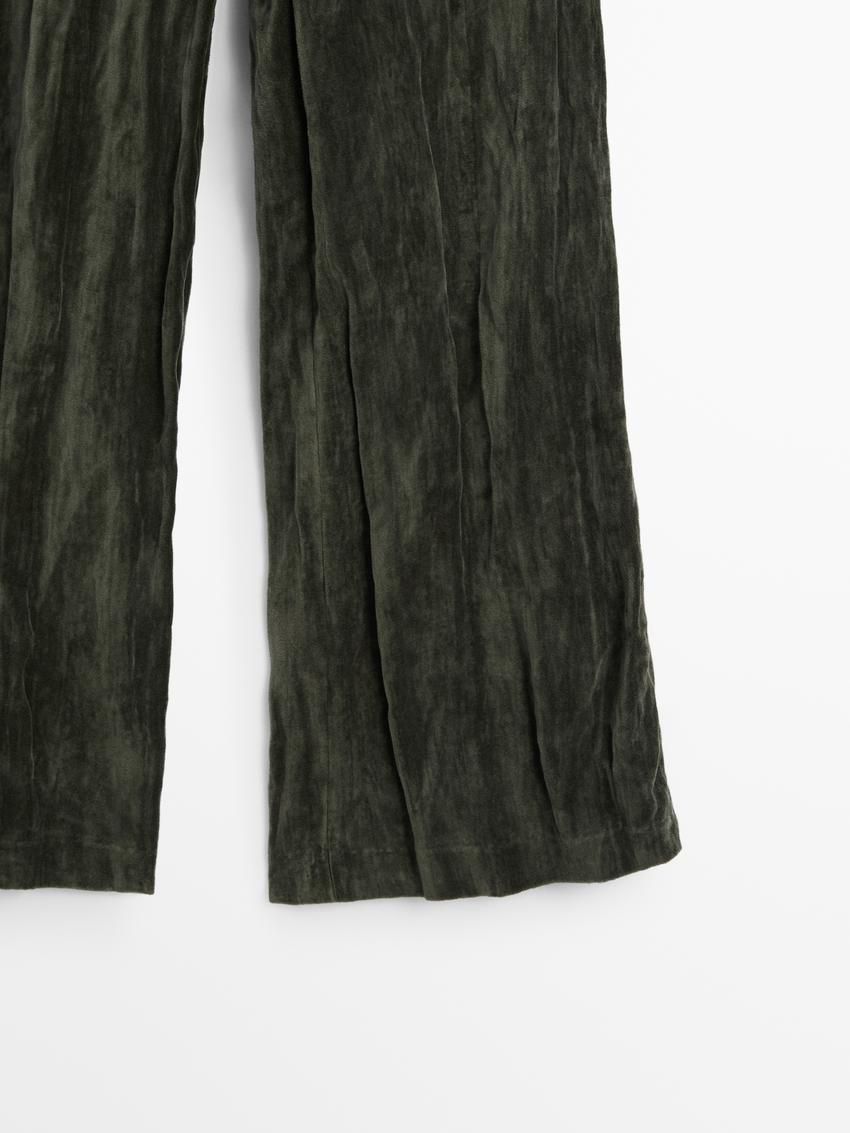 Massimo Dutti Wide-leg Creased Velvet Women Trousers Dark Green | US-DR7148360