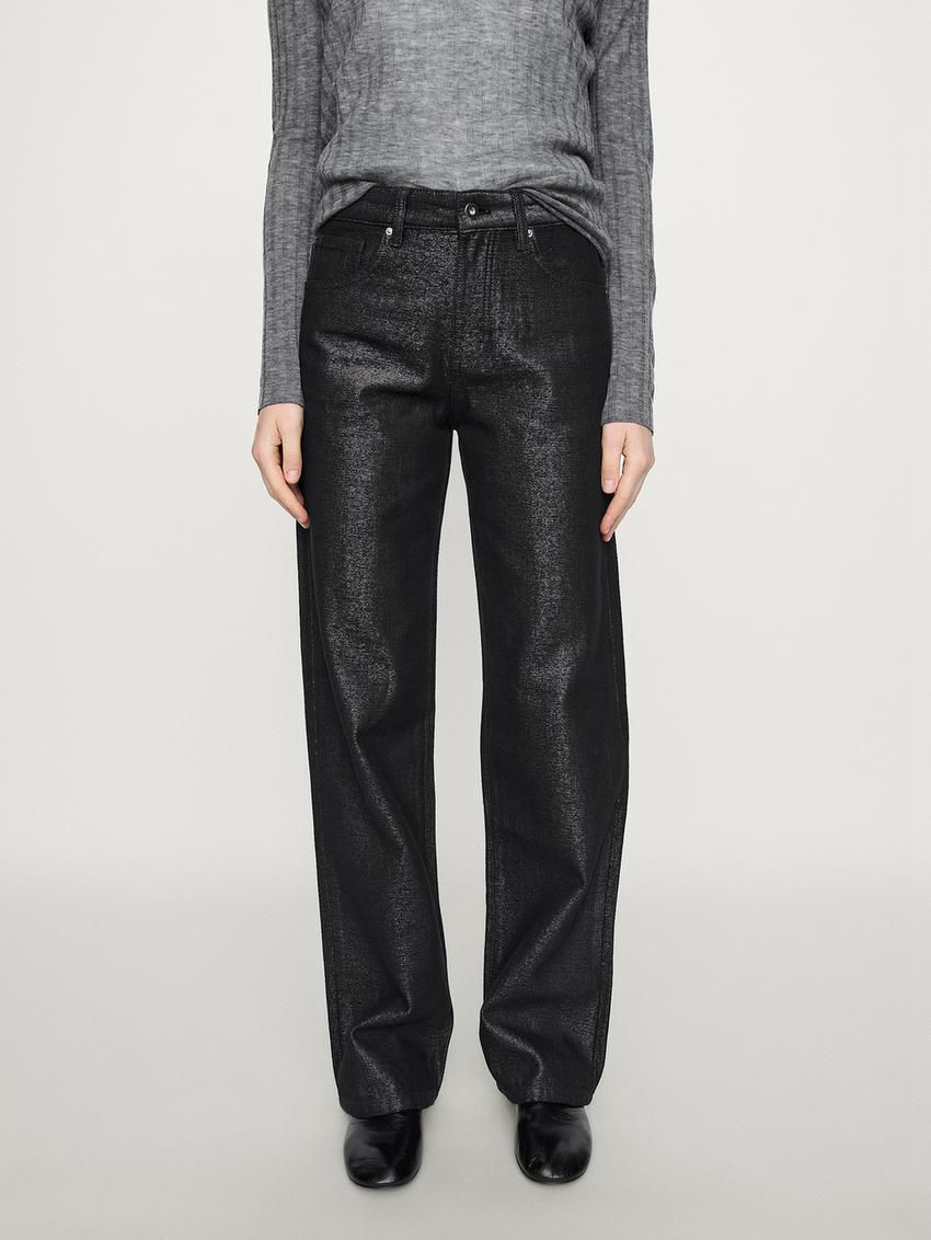 Massimo Dutti Wide-leg Metallic Women Jeans Black | US-WK4592068