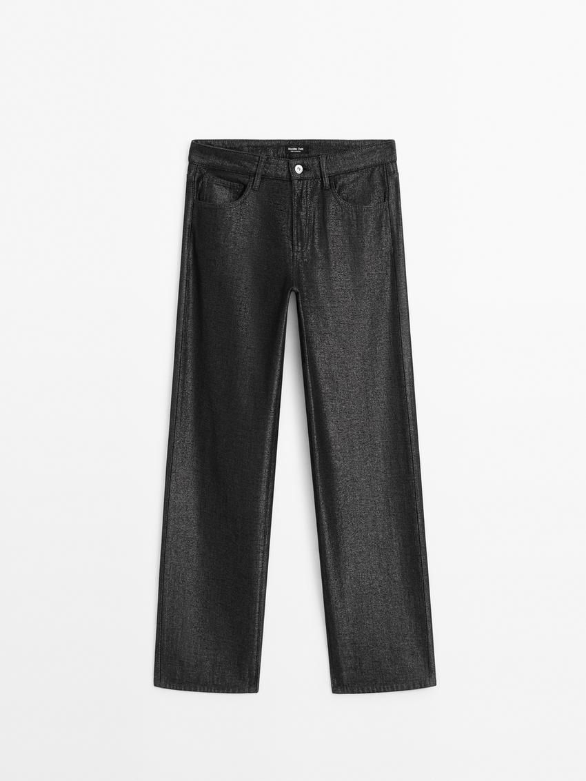 Massimo Dutti Wide-leg Metallic Women Jeans Black | US-WK4592068