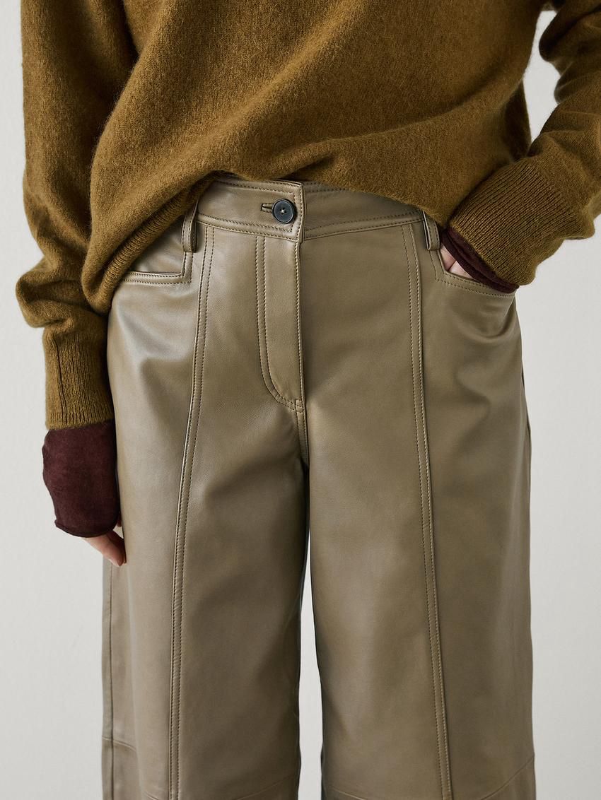 Massimo Dutti Wide-leg Nappa Leather With Seam Detail Women Trousers Light Olive | US-IG6957130