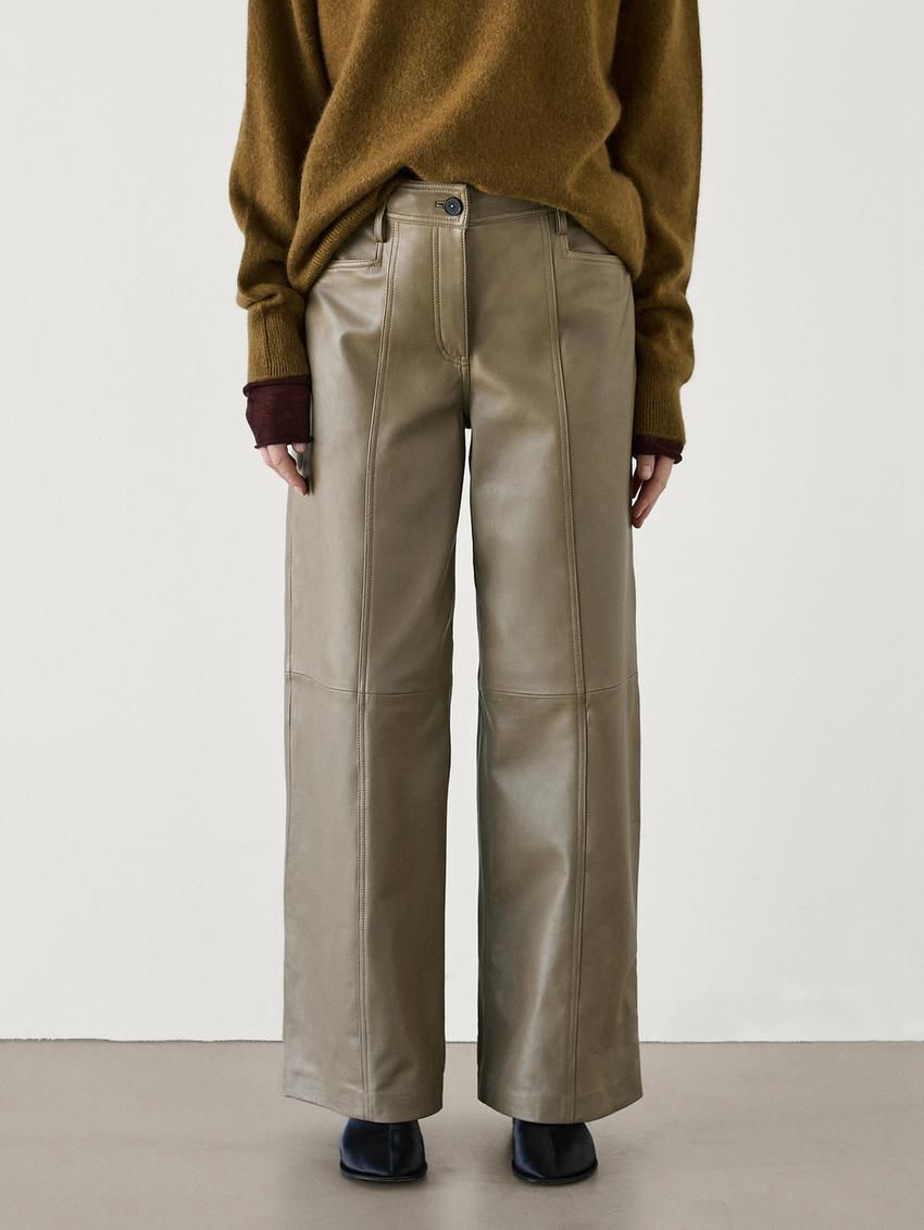 Massimo Dutti Wide-leg Nappa Leather With Seam Detail Women Trousers Light Olive | US-IG6957130