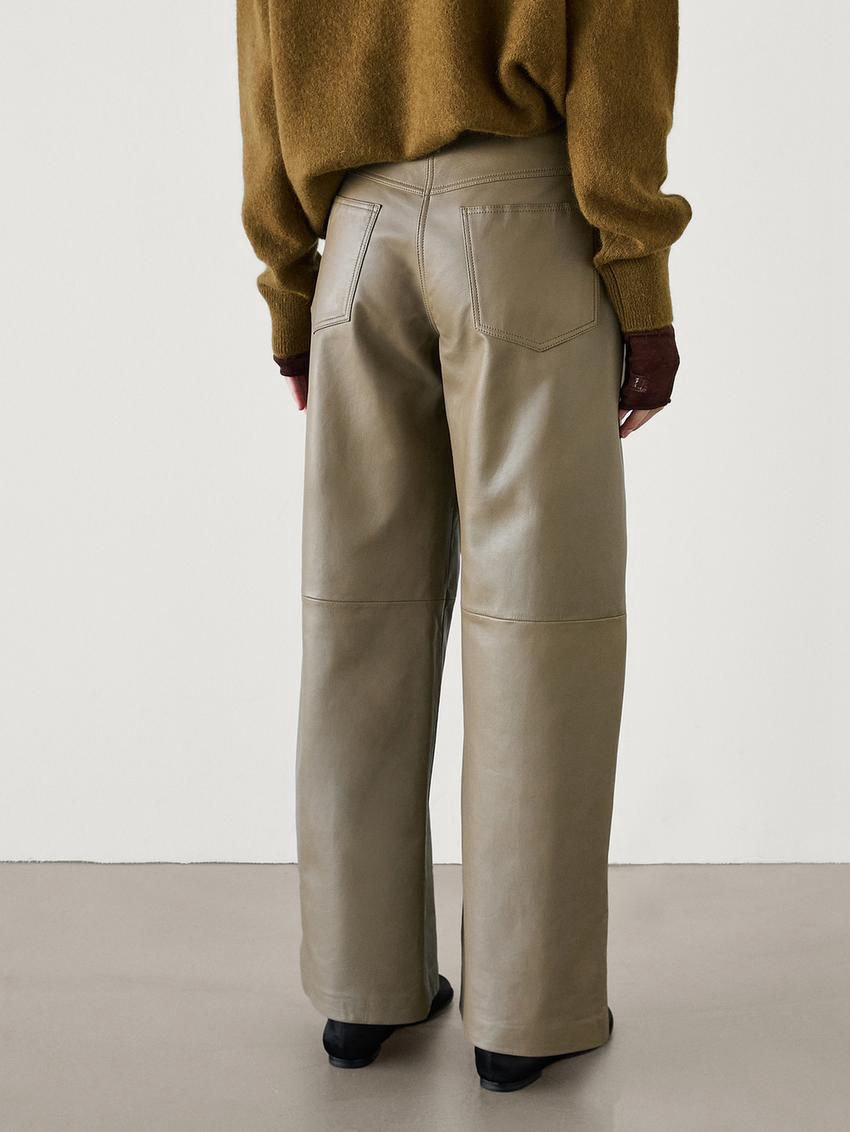 Massimo Dutti Wide-leg Nappa Leather With Seam Detail Women Trousers Light Olive | US-IG6957130