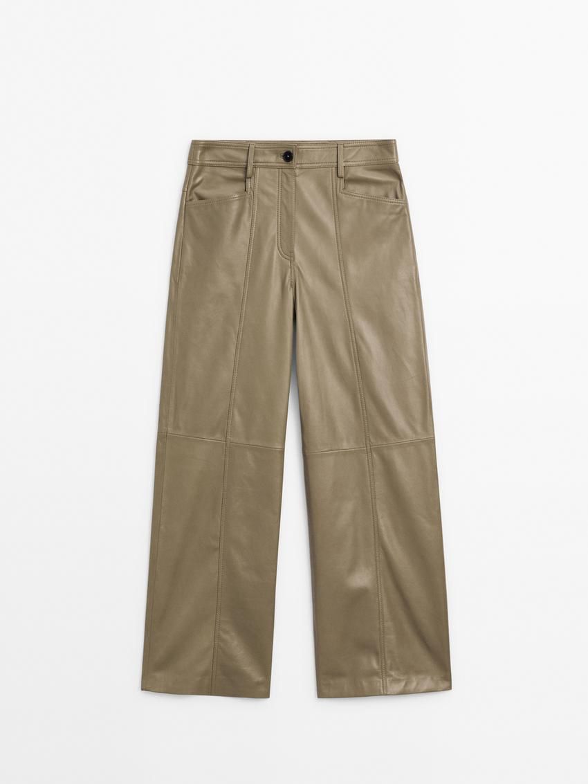 Massimo Dutti Wide-leg Nappa Leather With Seam Detail Women Trousers Light Olive | US-IG6957130