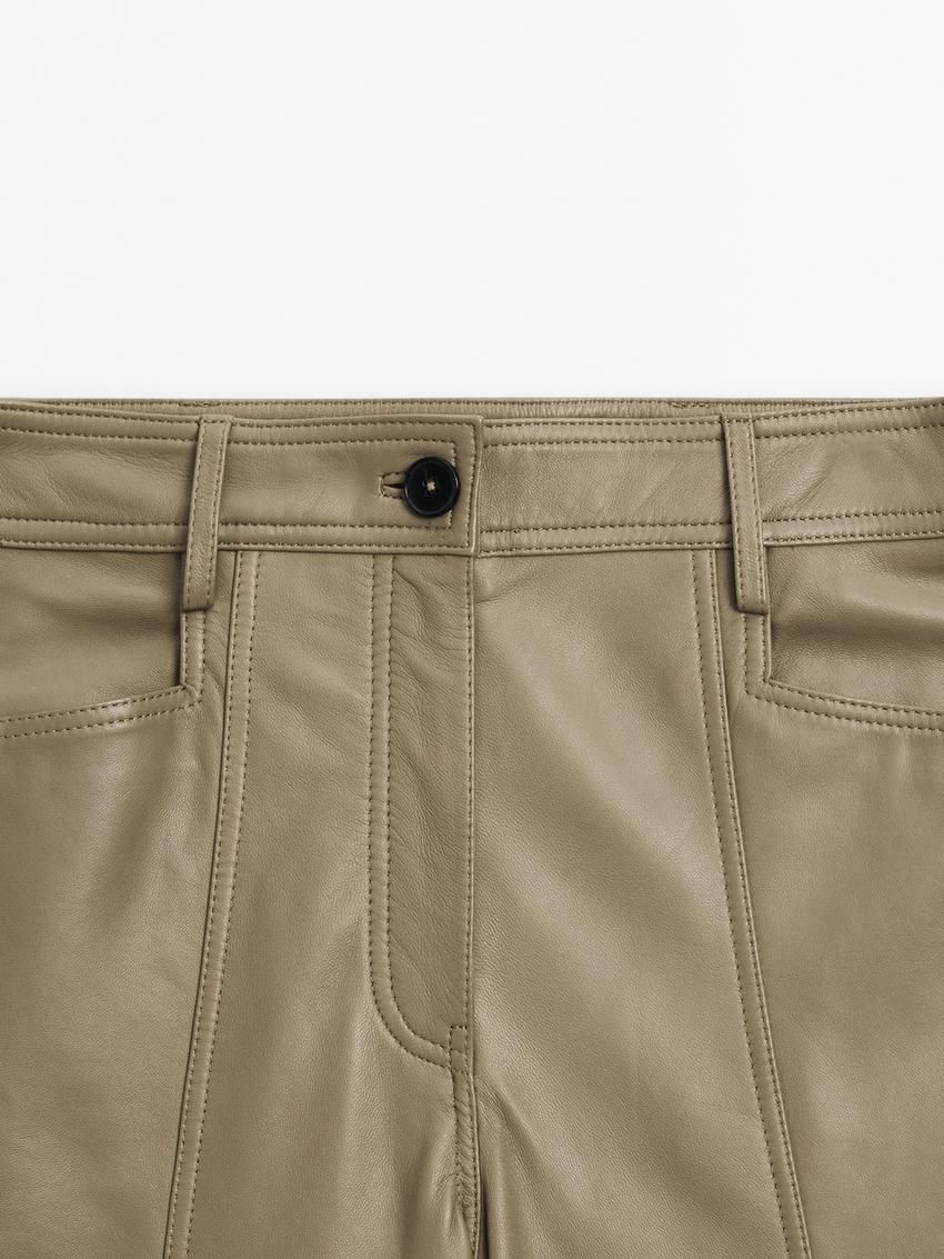 Massimo Dutti Wide-leg Nappa Leather With Seam Detail Women Trousers Light Olive | US-IG6957130