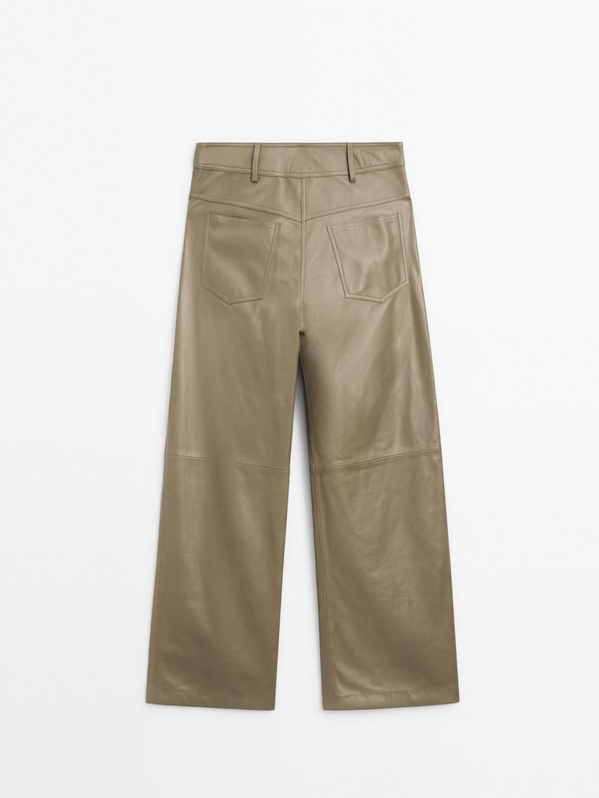 Massimo Dutti Wide-leg Nappa Leather With Seam Detail Women Trousers Light Olive | US-IG6957130