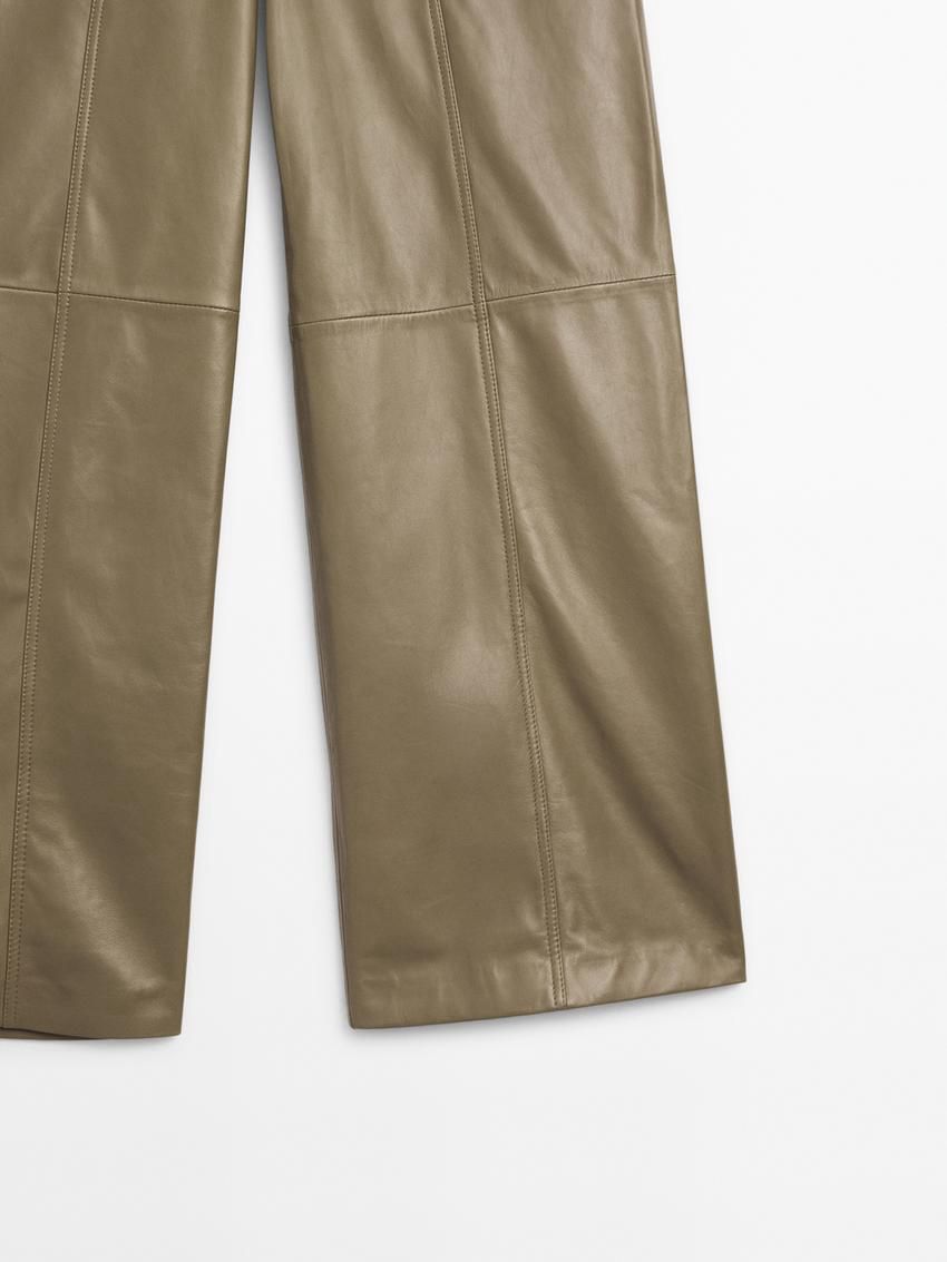 Massimo Dutti Wide-leg Nappa Leather With Seam Detail Women Trousers Light Olive | US-IG6957130