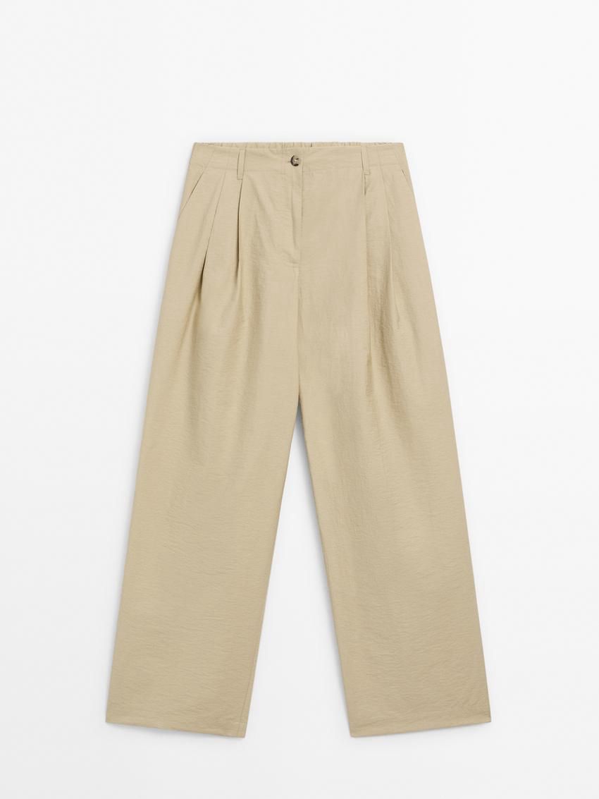 Massimo Dutti Wide-leg Pleated Co-ord Women Trousers Beige | US-GH0436285