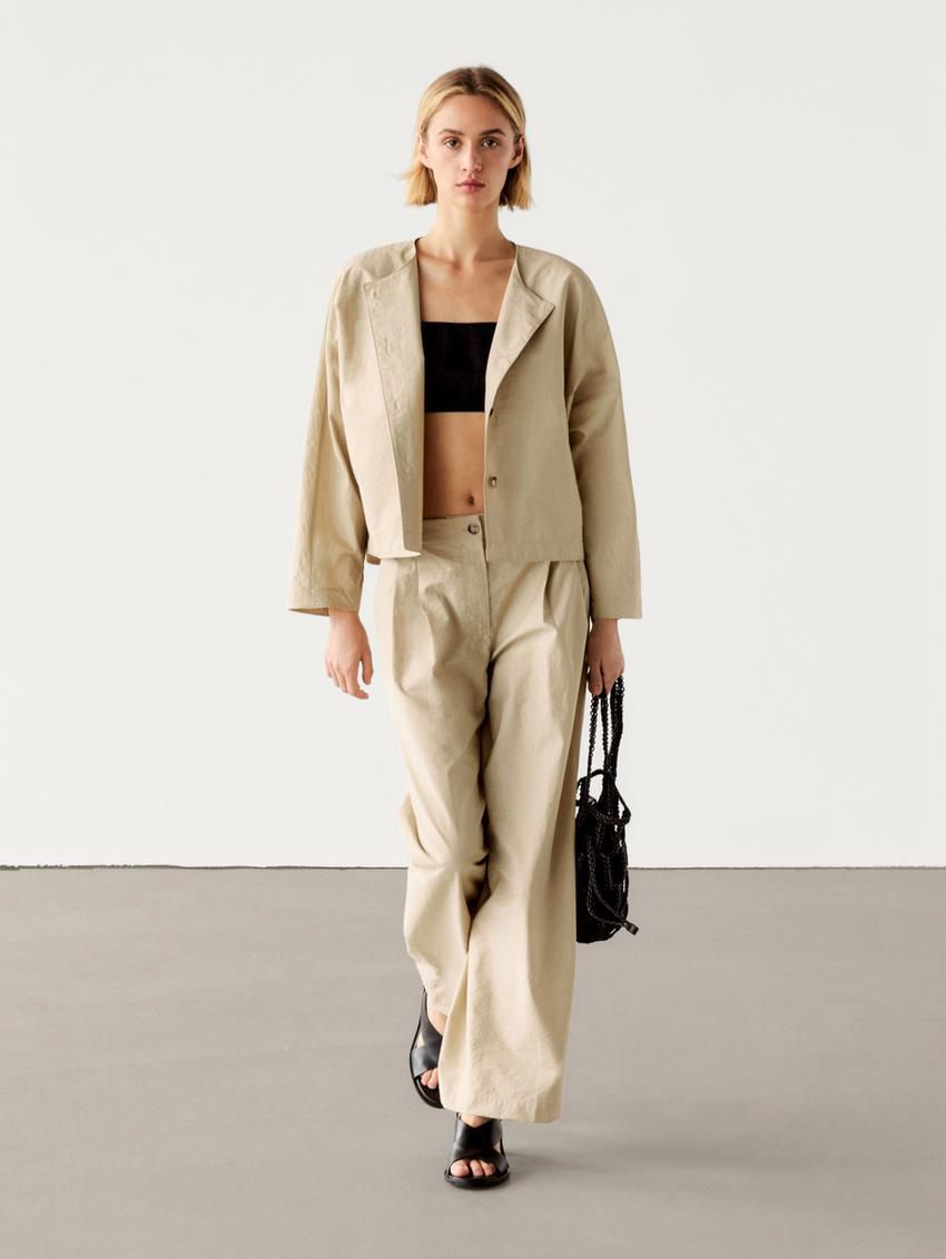 Massimo Dutti Wide-leg Pleated Co-ord Women Trousers Beige | US-GH0436285
