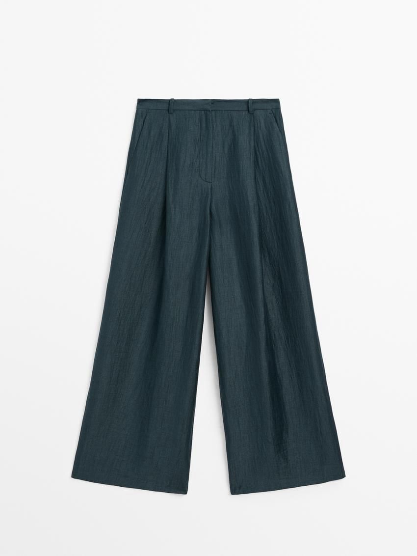 Massimo Dutti Wide-leg Pleated Co-ord Women Trousers Dark Green | US-US6270819