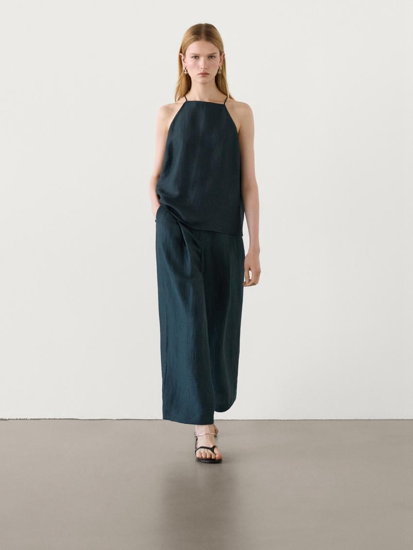 Massimo Dutti Wide-leg Pleated Co-ord Women Trousers Dark Green | US-US6270819