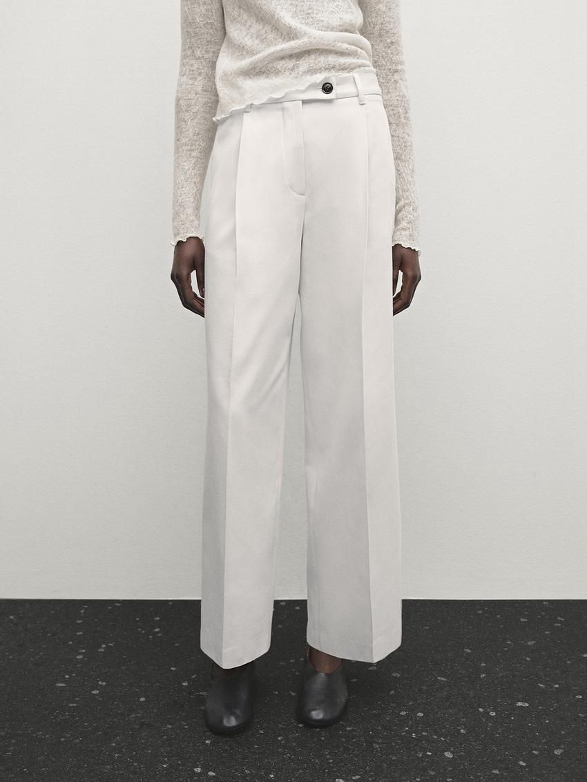 Massimo Dutti Wide-leg Pleated Cotton Blend Women Trousers Cream | US-KE8206317