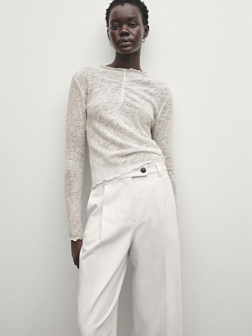 Massimo Dutti Wide-leg Pleated Cotton Blend Women Trousers Cream | US-KE8206317