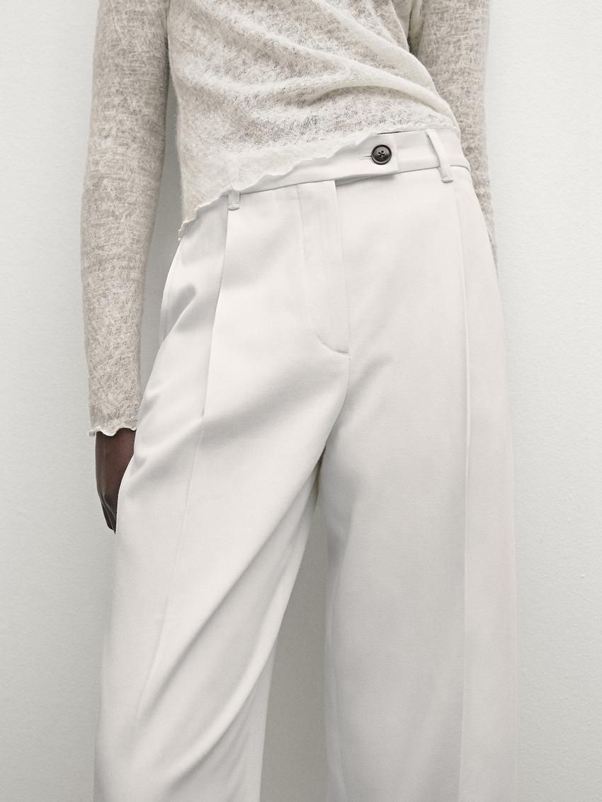Massimo Dutti Wide-leg Pleated Cotton Blend Women Trousers Cream | US-KE8206317