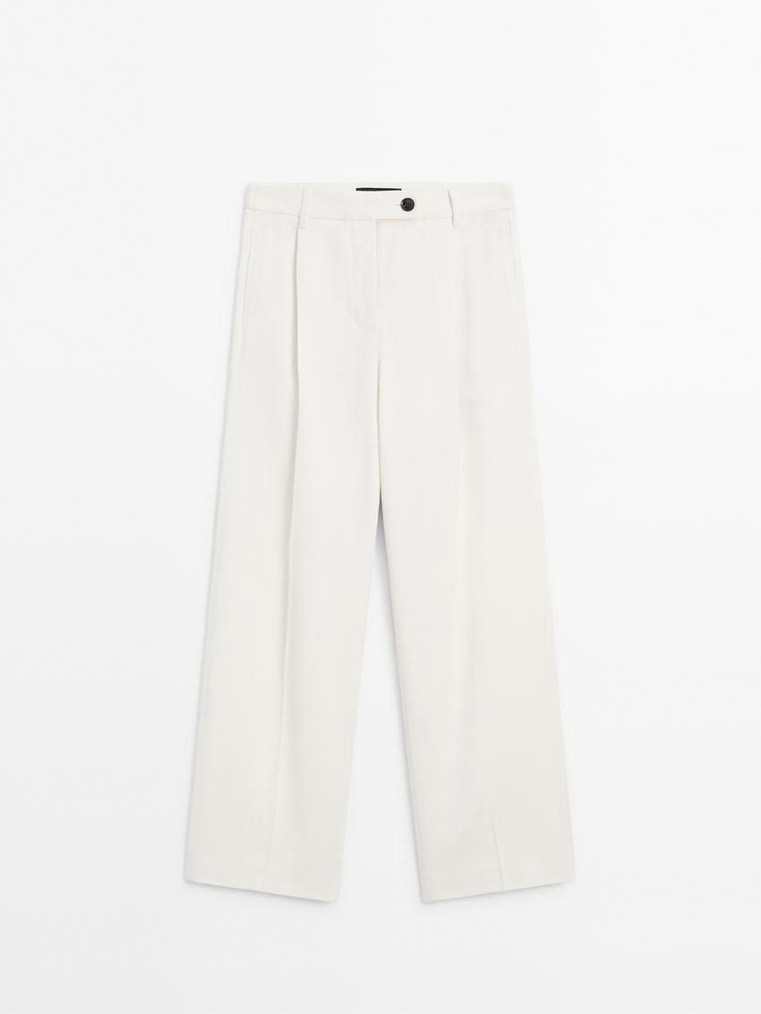 Massimo Dutti Wide-leg Pleated Cotton Blend Women Trousers Cream | US-KE8206317