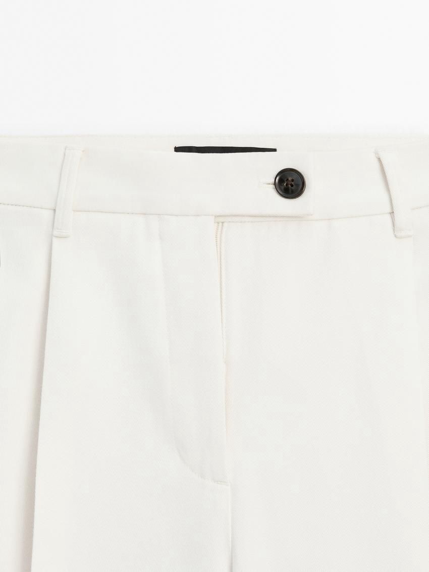Massimo Dutti Wide-leg Pleated Cotton Blend Women Trousers Cream | US-KE8206317