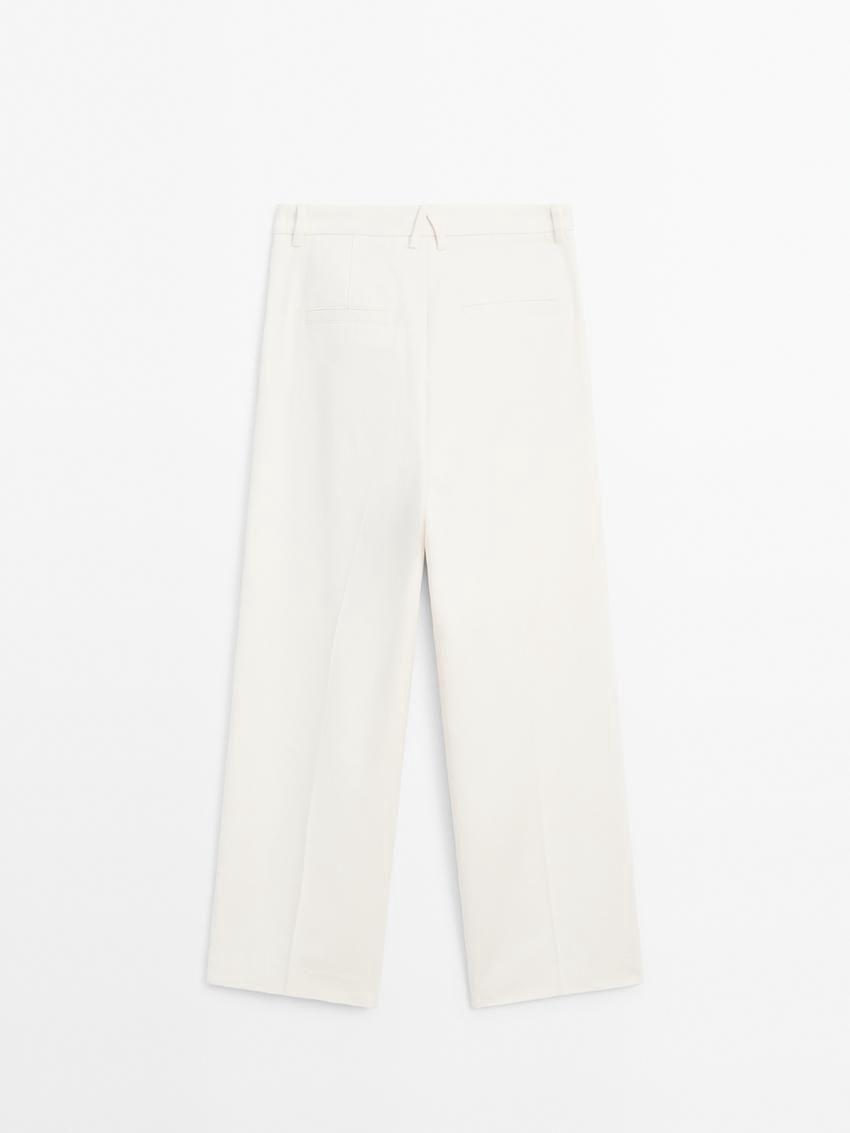 Massimo Dutti Wide-leg Pleated Cotton Blend Women Trousers Cream | US-KE8206317
