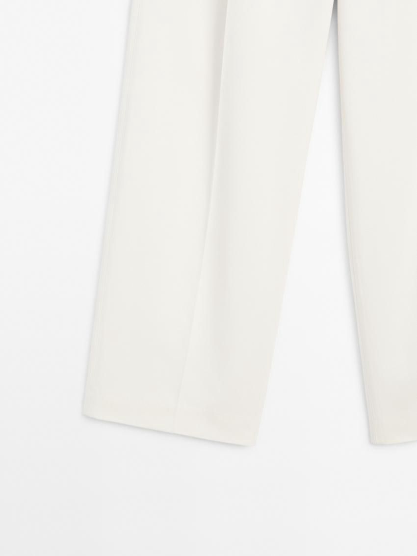 Massimo Dutti Wide-leg Pleated Cotton Blend Women Trousers Cream | US-KE8206317