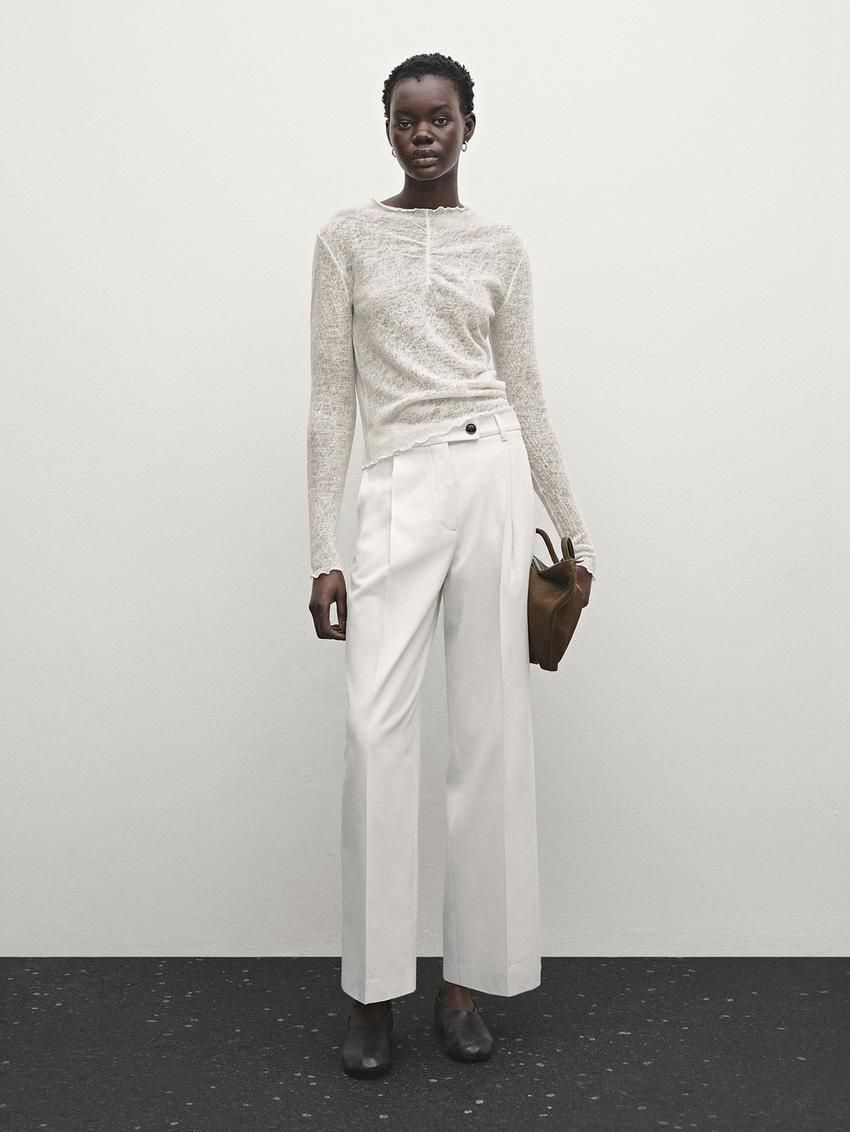 Massimo Dutti Wide-leg Pleated Cotton Blend Women Trousers Cream | US-KE8206317