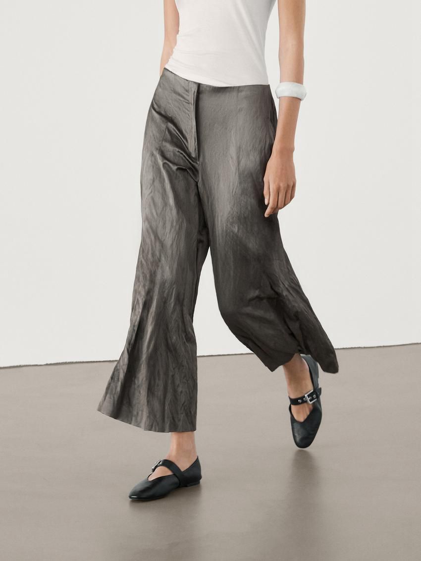 Massimo Dutti Wide-leg Satin Creased Women Trousers Grey | US-KX7506234