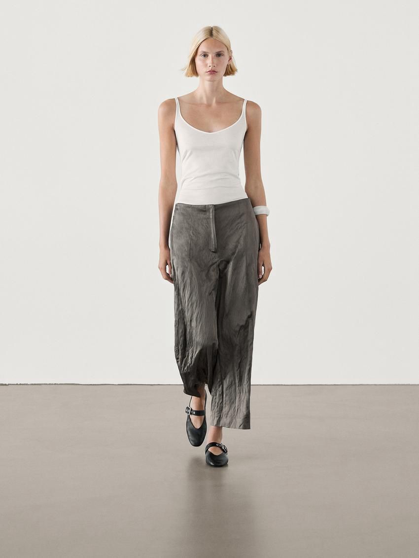 Massimo Dutti Wide-leg Satin Creased Women Trousers Grey | US-KX7506234