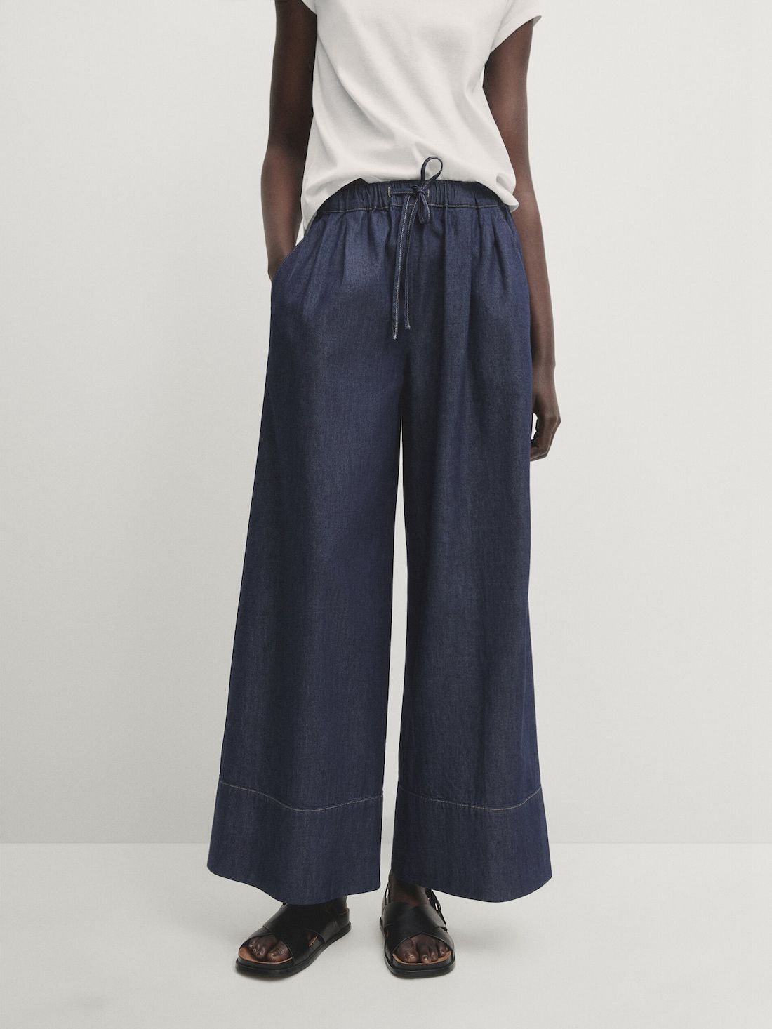Massimo Dutti Wide-leg With Drawstring Detail Women Jeans Dark Blue | US-FL7891023