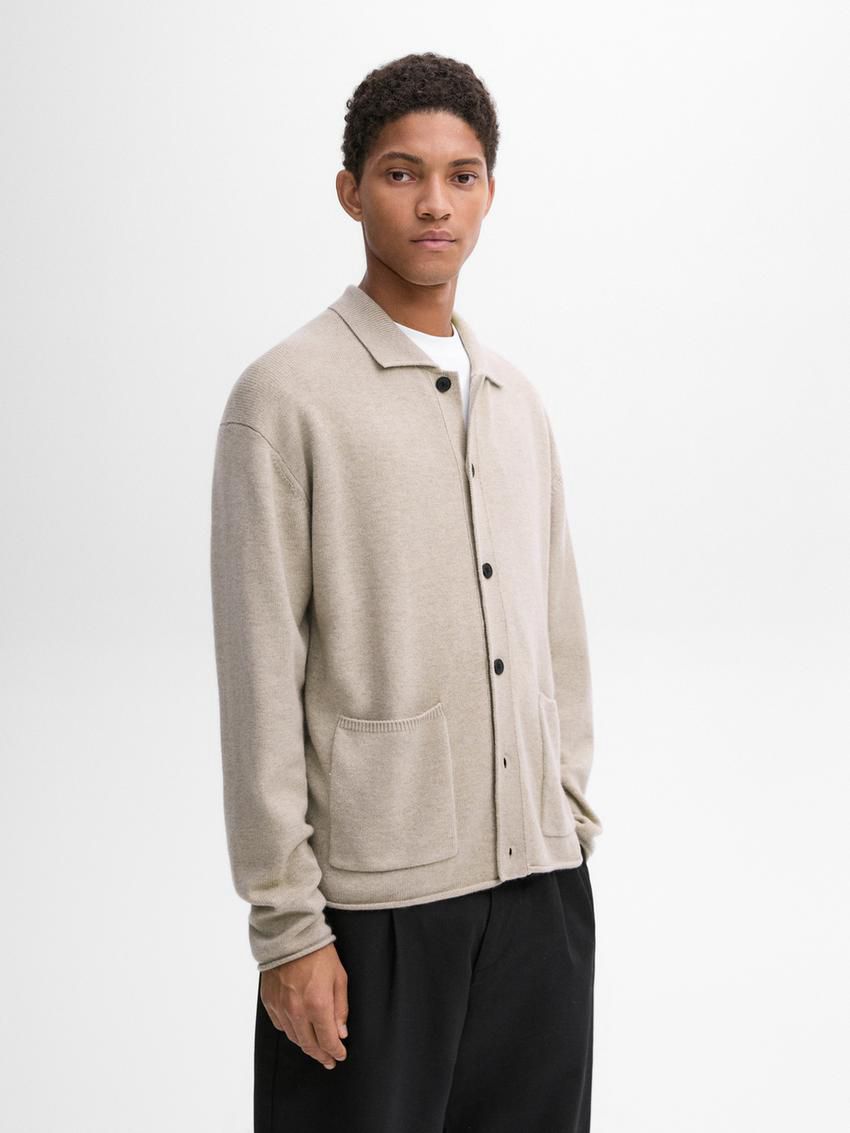Massimo Dutti Wool And Cotton Pocket Details Men Cardigan Cream | US-QT3954780