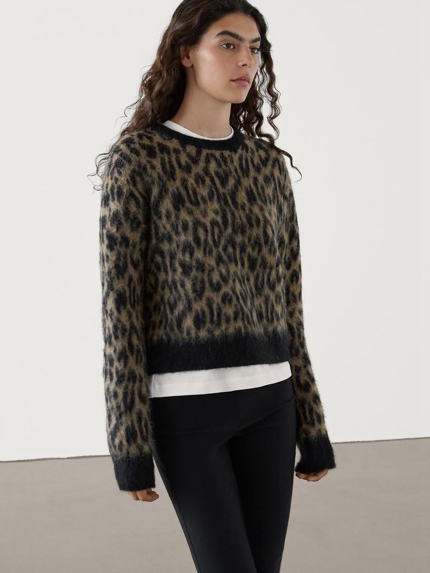 Massimo Dutti Wool Blend Animal Print Knit Women Sweater Black / Brown | US-QO4357260