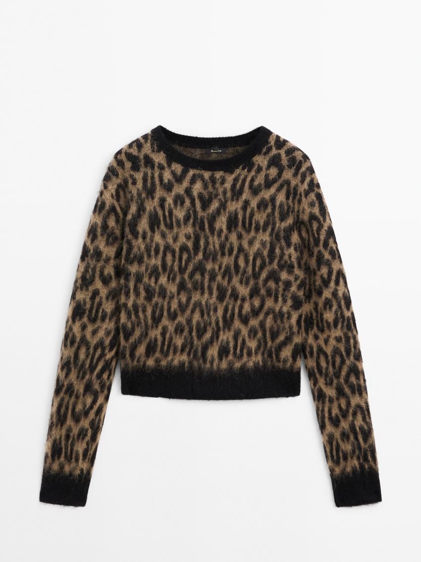 Massimo Dutti Wool Blend Animal Print Knit Women Sweater Black / Brown | US-QO4357260