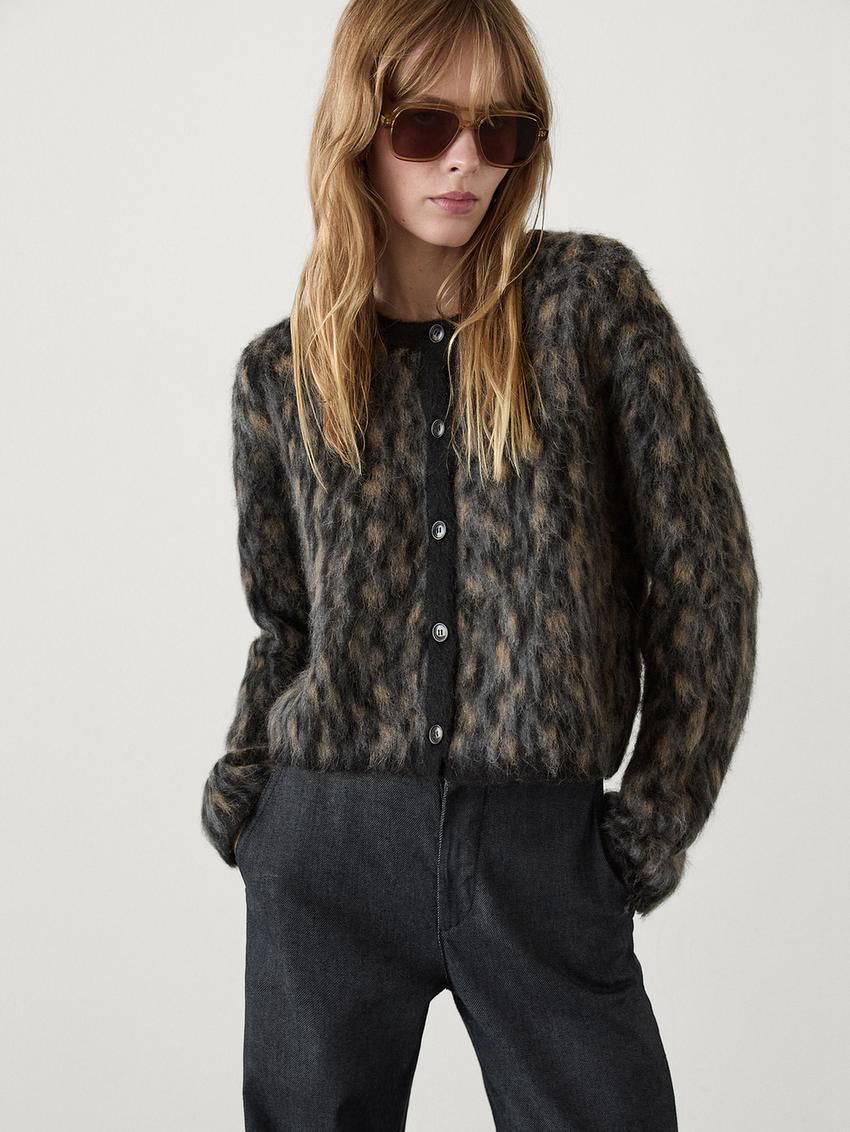 Massimo Dutti Wool Blend Animal Print Women Cardigan Dark Grey | US-WG9531764
