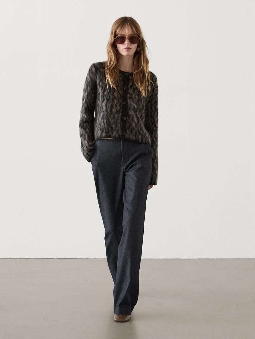 Massimo Dutti Wool Blend Animal Print Women Cardigan Dark Grey | US-WG9531764