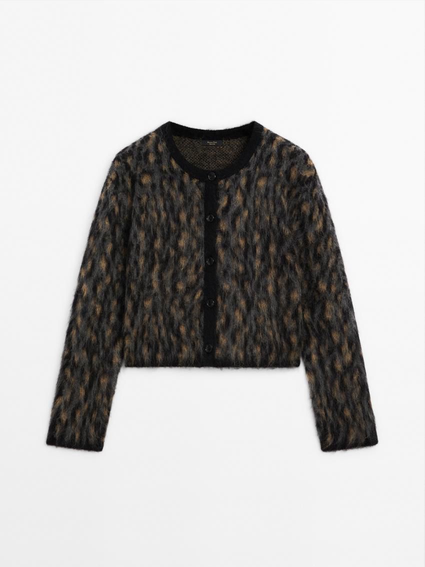 Massimo Dutti Wool Blend Animal Print Women Cardigan Dark Grey | US-WG9531764