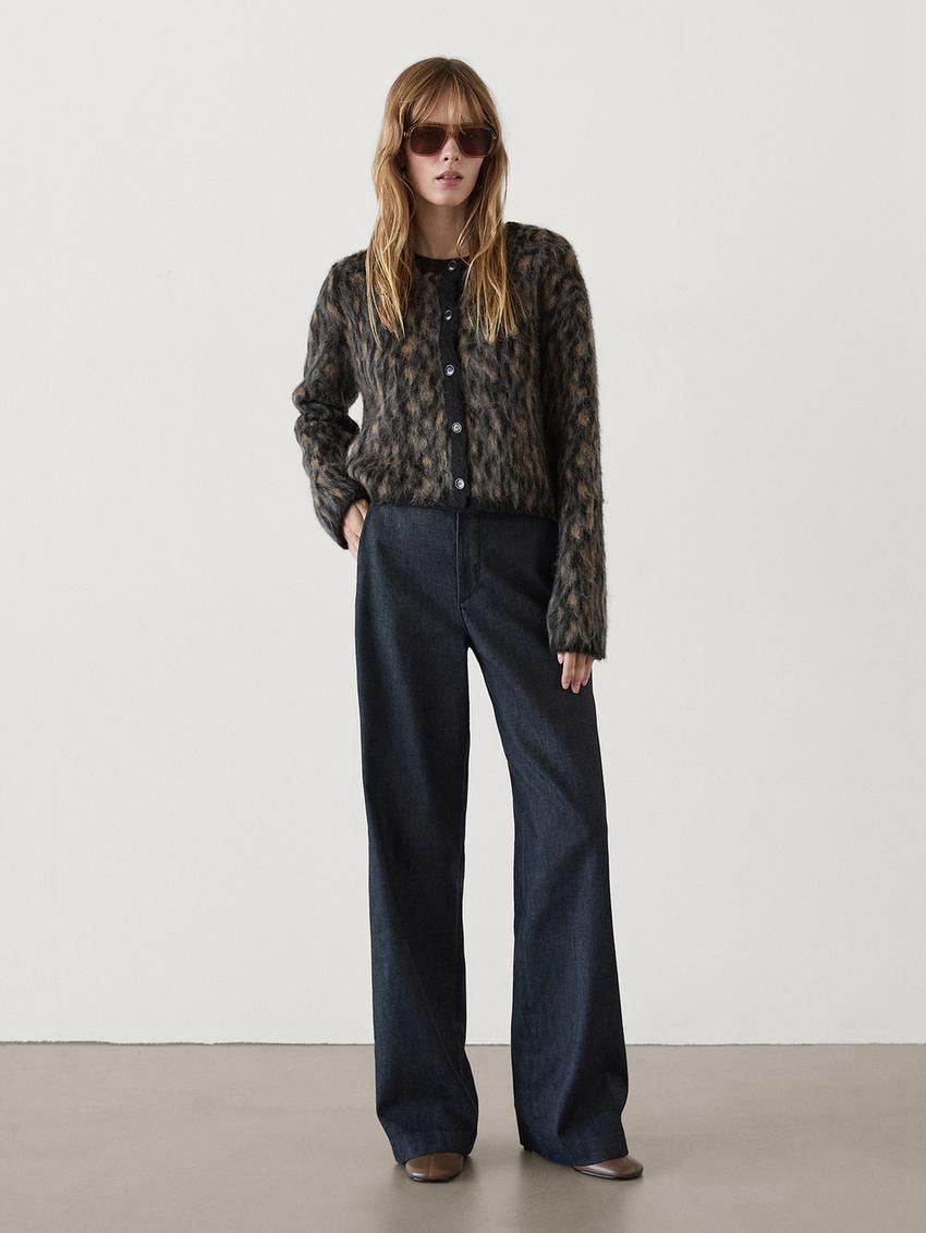 Massimo Dutti Wool Blend Animal Print Women Cardigan Dark Grey | US-WG9531764