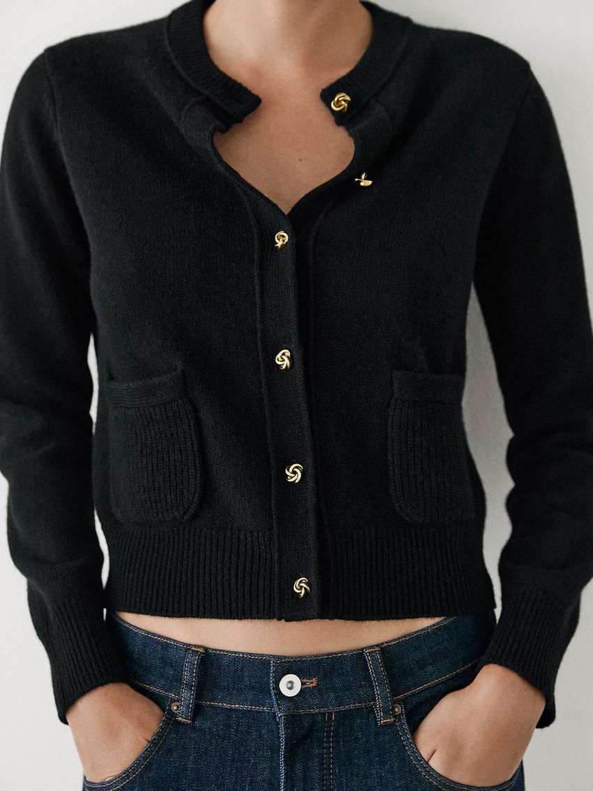 Massimo Dutti Wool Blend Buttoned Women Cardigan Black | US-TN4587321