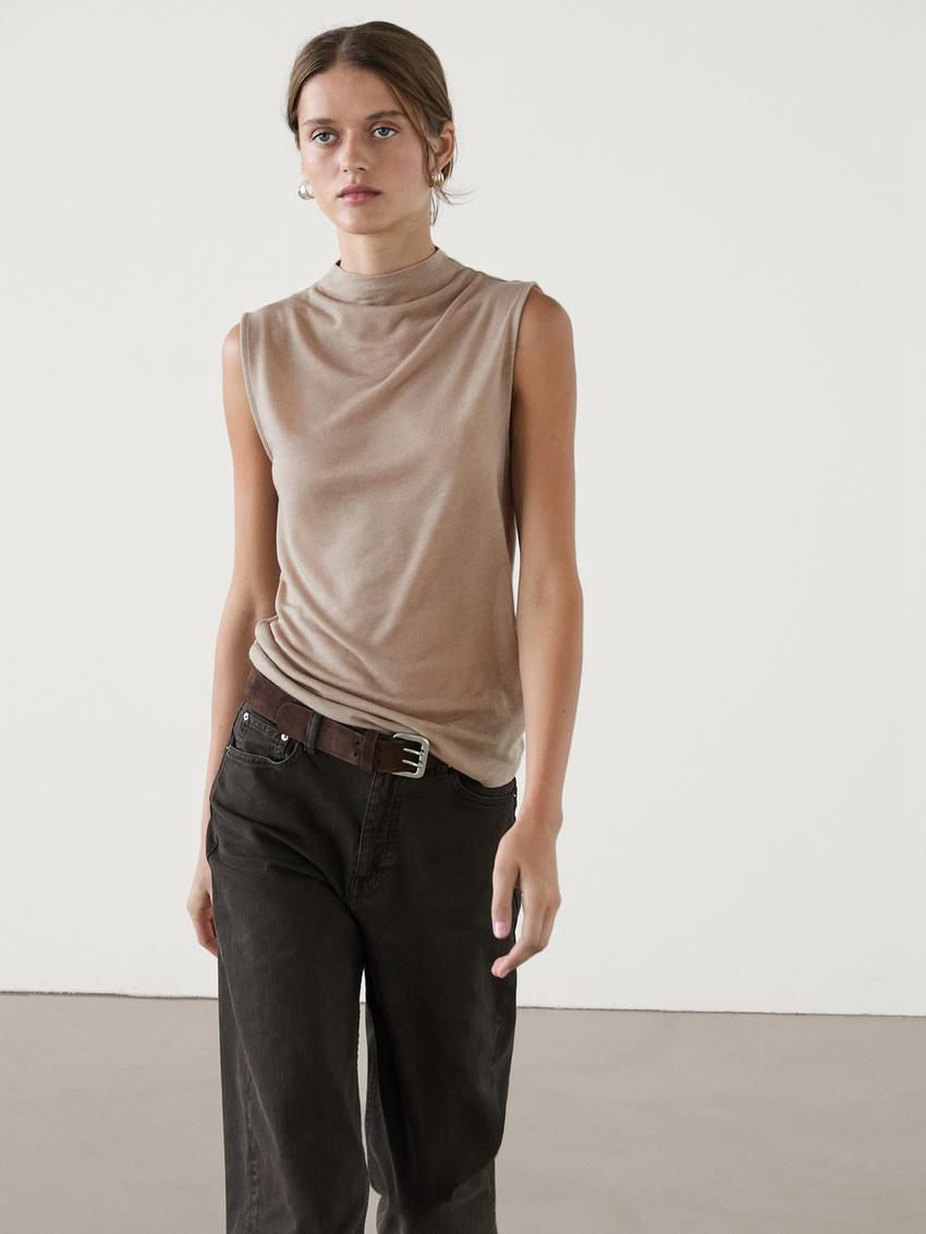 Massimo Dutti Wool Blend Cowl Neck Women Top Beige | US-TB6821957