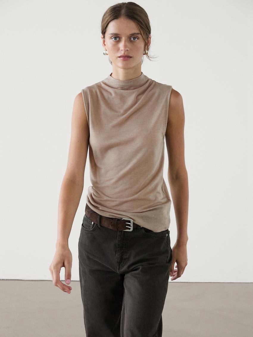 Massimo Dutti Wool Blend Cowl Neck Women Top Beige | US-TB6821957