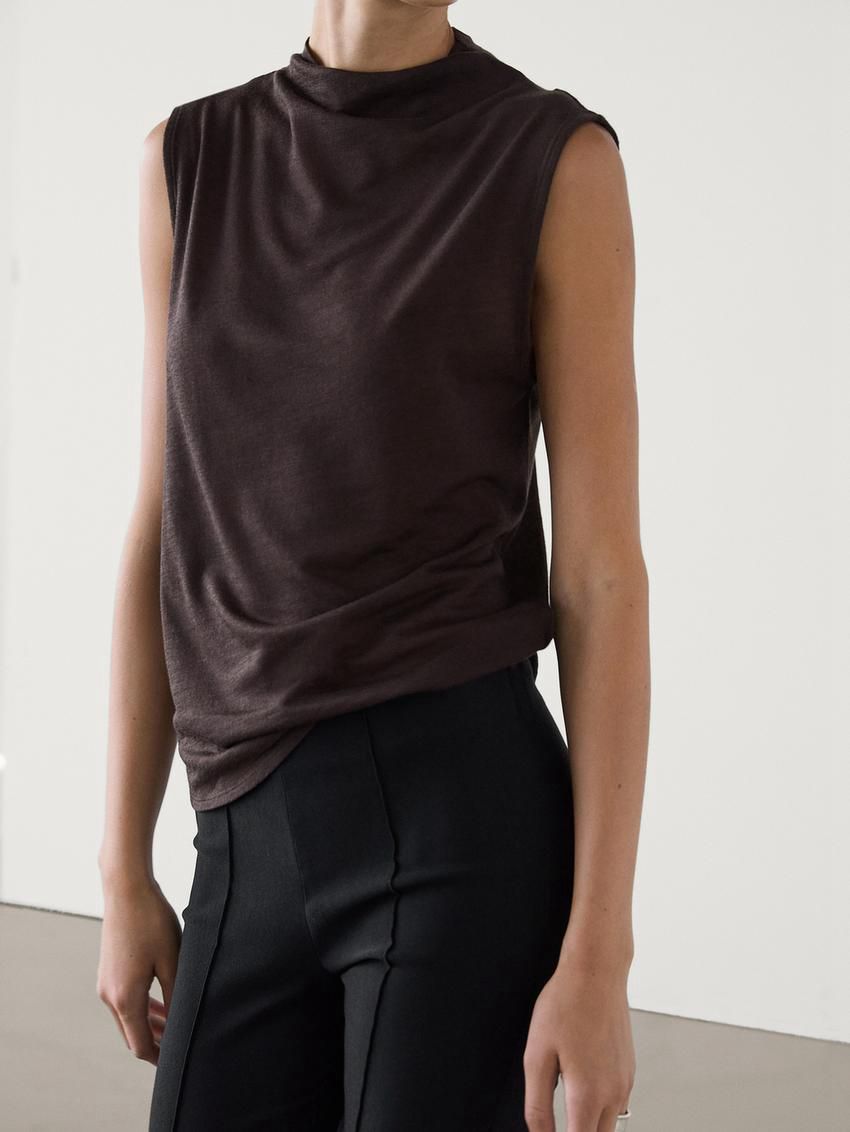Massimo Dutti Wool Blend Cowl Neck Women Top Dark Brown | US-HQ9270638