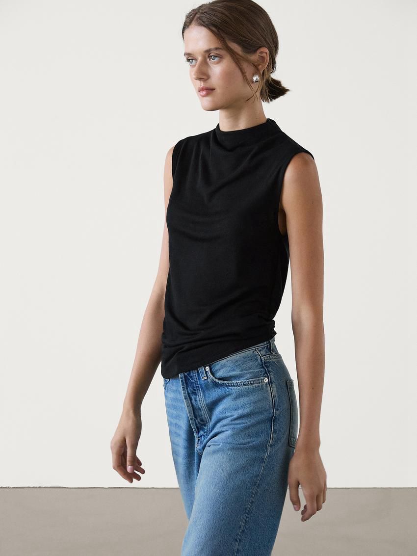 Massimo Dutti Wool Blend Cowl Neck Women Top Black | US-ND4376809