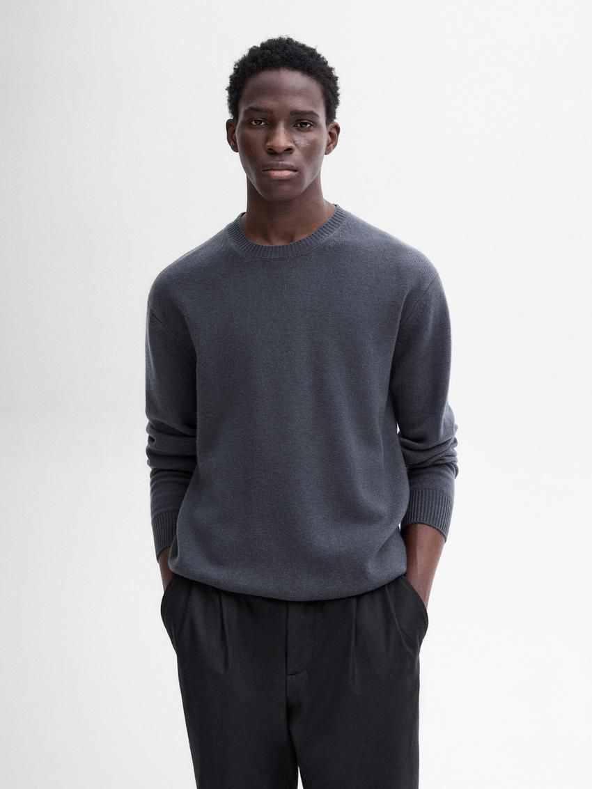 Massimo Dutti Wool Blend Crew Neck Knit Men Sweater Dark Blue | US-OB3180965